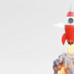 red rocket launching with fire and smoke underneath