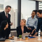 group of people in an office having a business meeting and smiling