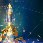 3d rendering of a rocket with a bitcoin sign and bitcoins coming out of it