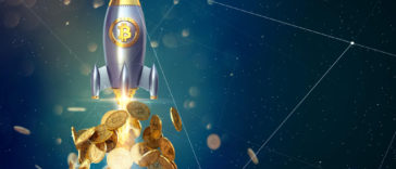 3d rendering of a rocket with a bitcoin sign and bitcoins coming out of it