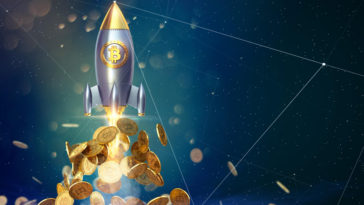 3d rendering of a rocket with a bitcoin sign and bitcoins coming out of it