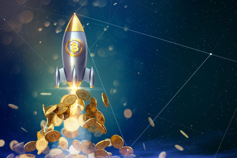 3d rendering of a rocket with a bitcoin sign and bitcoins coming out of it