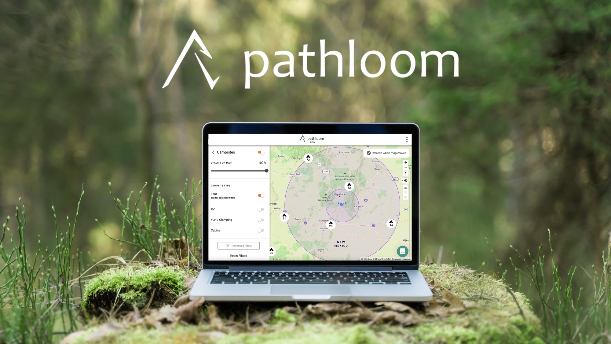 laptop on a rock in nature with the Pathloom website on the screen and logo above it