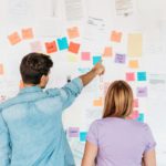 young employees looking at a wall with marketing notes