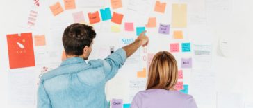 young employees looking at a wall with marketing notes