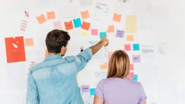 young employees looking at a wall with marketing notes