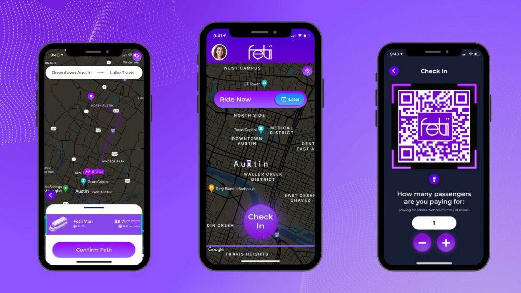 Fetii app on 3 smartphone screens