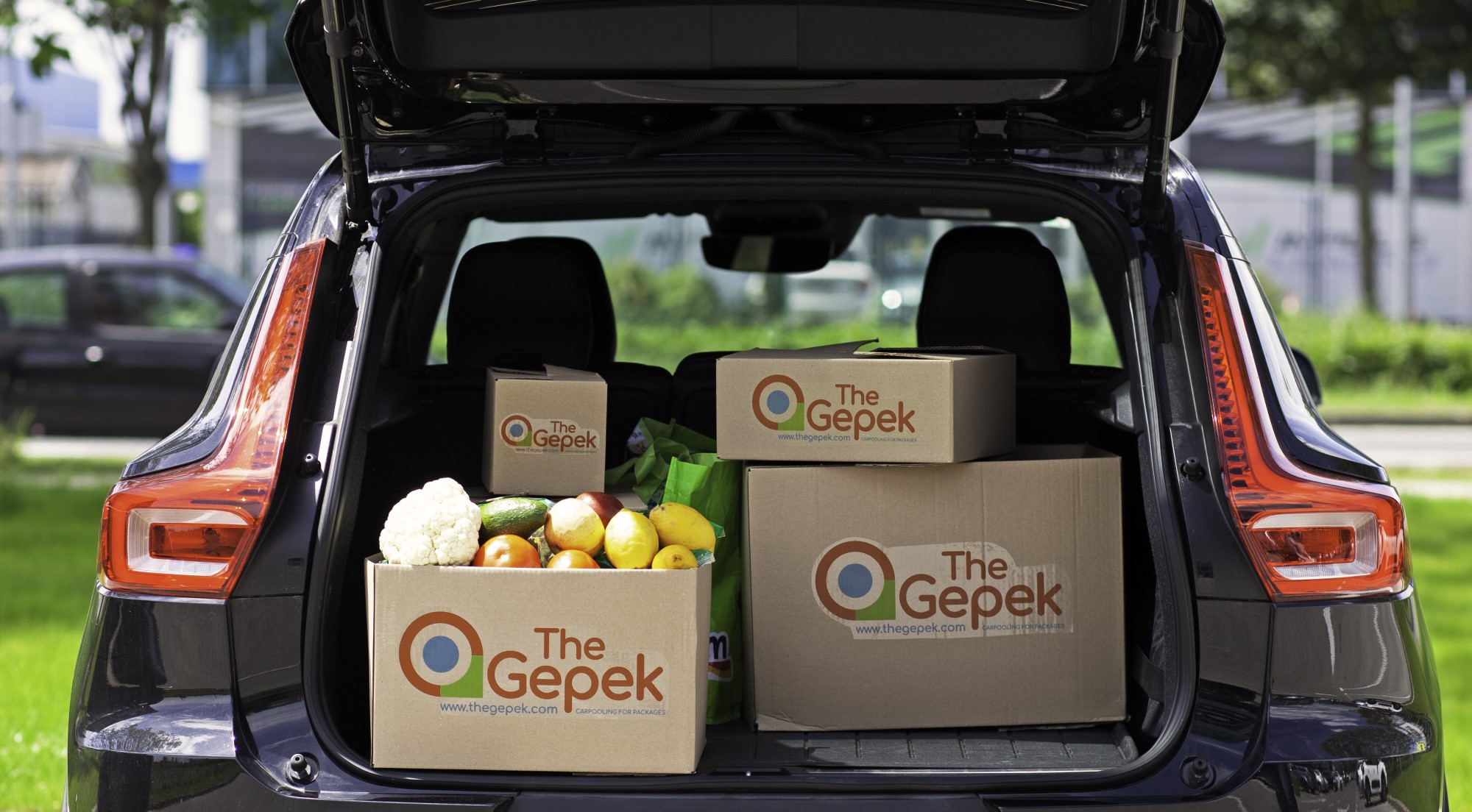 open car trunk with boxes of fruit inside